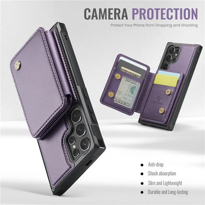 JEEHOOD J05 For Samsung Galaxy S24 Ultra Magnetic Case Card Holder Kickstand TPU Phone Cover