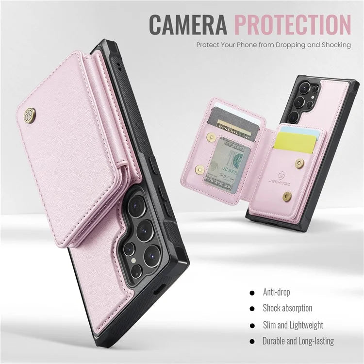 JEEHOOD J05 For Samsung Galaxy S24 Ultra Magnetic Case Card Holder Kickstand TPU Phone Cover