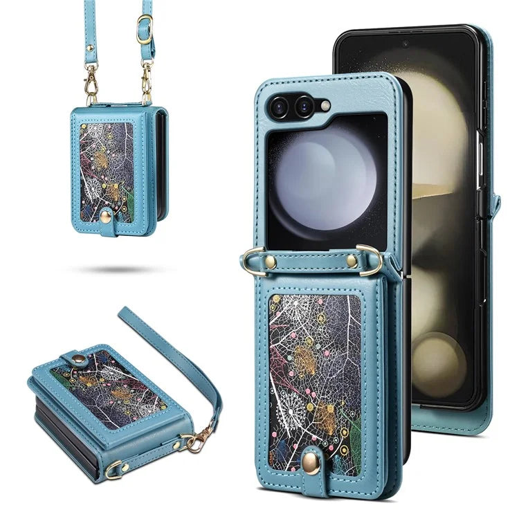 For Samsung Galaxy Z Flip6 5G Case Leather+PC Phone Cover with Card Holder Long Strap