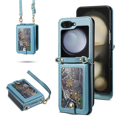 For Samsung Galaxy Z Flip6 5G Case Leather+PC Phone Cover with Card Holder Long Strap