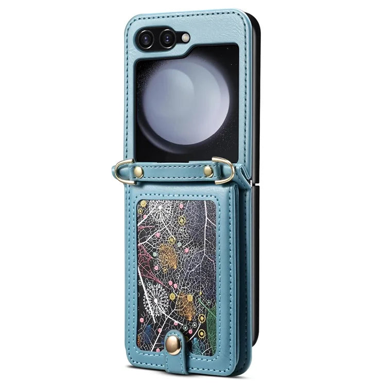For Samsung Galaxy Z Flip6 5G Case Leather+PC Phone Cover with Card Holder Long Strap