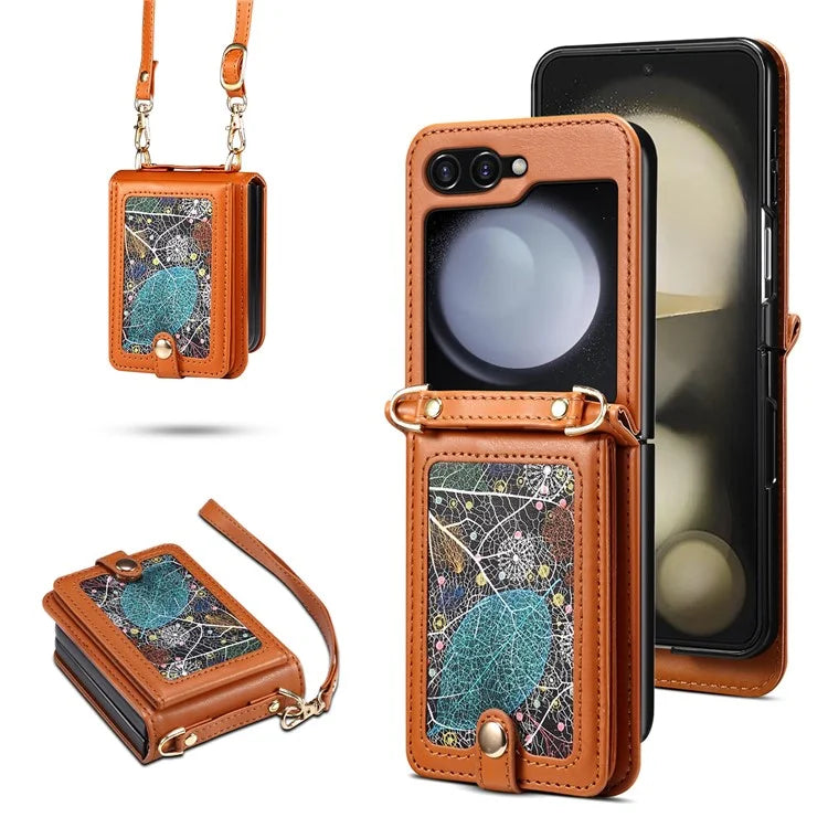 For Samsung Galaxy Z Flip6 5G Case Leather+PC Phone Cover with Card Holder Long Strap