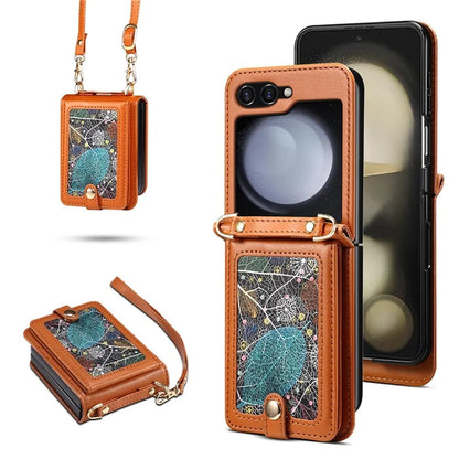 For Samsung Galaxy Z Flip6 5G Case Leather+PC Phone Cover with Card Holder Long Strap