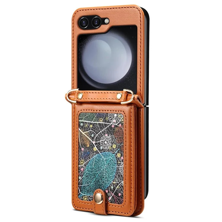 For Samsung Galaxy Z Flip6 5G Case Leather+PC Phone Cover with Card Holder Long Strap