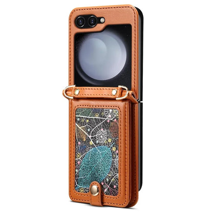 For Samsung Galaxy Z Flip6 5G Case Leather+PC Phone Cover with Card Holder Long Strap