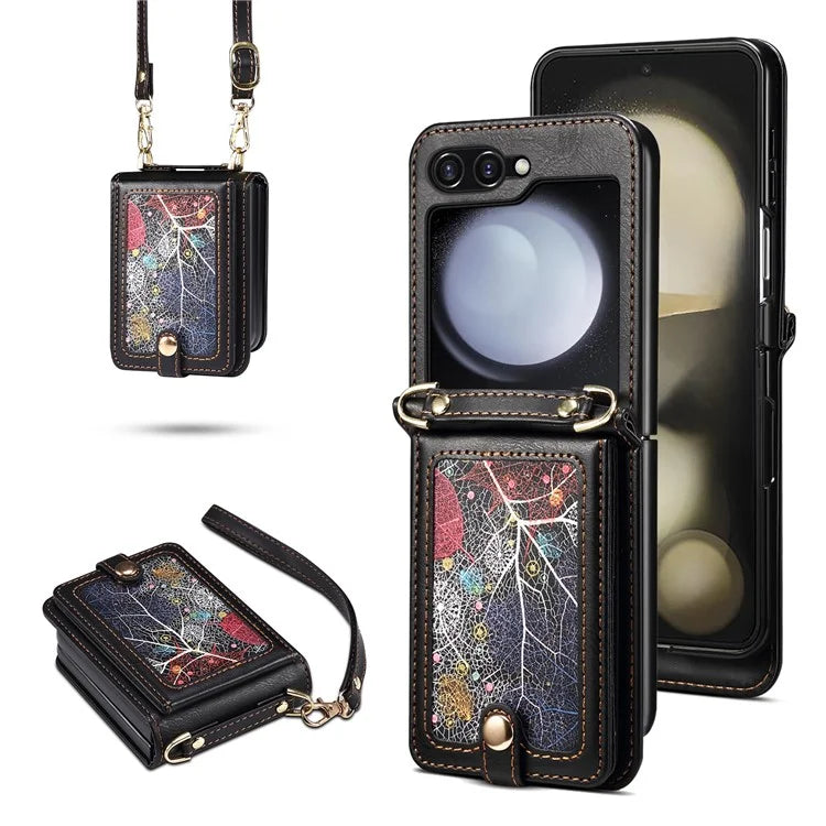 For Samsung Galaxy Z Flip6 5G Case Leather+PC Phone Cover with Card Holder Long Strap