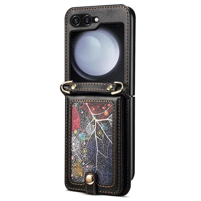 For Samsung Galaxy Z Flip6 5G Case Leather+PC Phone Cover with Card Holder Long Strap