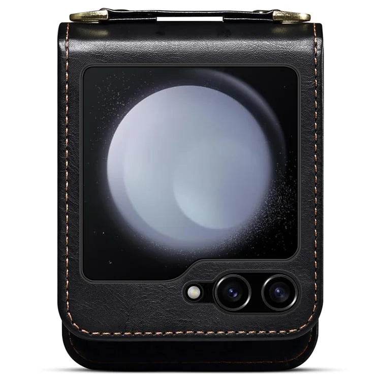 For Samsung Galaxy Z Flip6 5G Case Leather+PC Phone Cover with Card Holder Long Strap