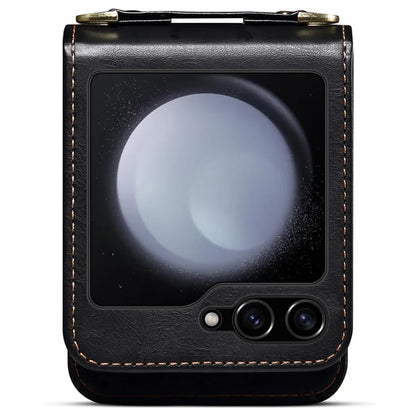 For Samsung Galaxy Z Flip6 5G Case Leather+PC Phone Cover with Card Holder Long Strap