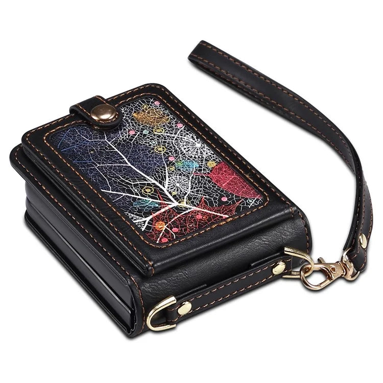 For Samsung Galaxy Z Flip6 5G Case Leather+PC Phone Cover with Card Holder Long Strap