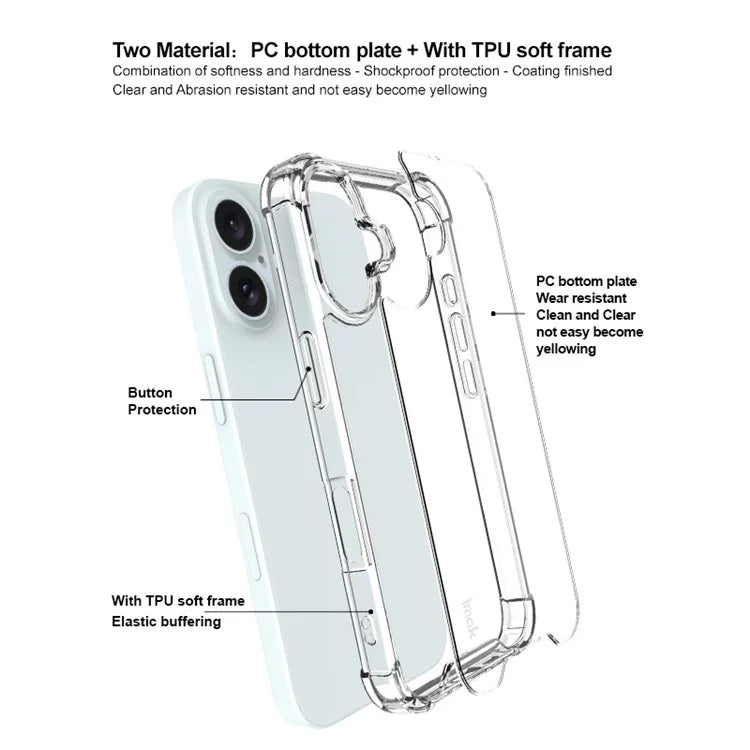 IMAK For iPhone 16 Clear Case Airbag Corners TPU Frame PC Back Cover