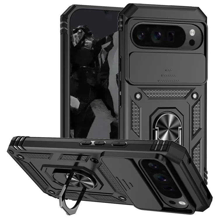 For Google Pixel 9 Pro XL Case Rugged PC+TPU Phone Protector with Slide Camera Cover / Kickstand