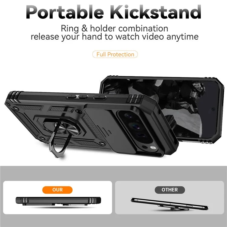 For Google Pixel 9 Pro XL Case Rugged PC+TPU Phone Protector with Slide Camera Cover / Kickstand