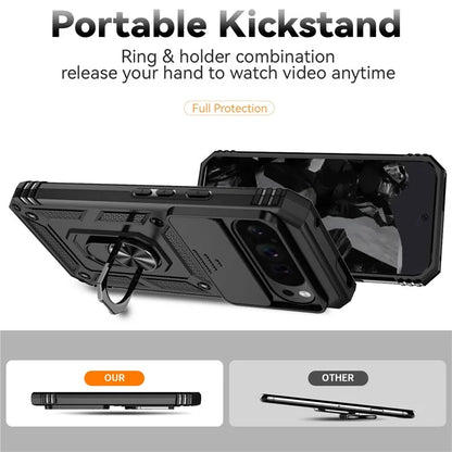 For Google Pixel 9 Pro XL Case Rugged PC+TPU Phone Protector with Slide Camera Cover / Kickstand
