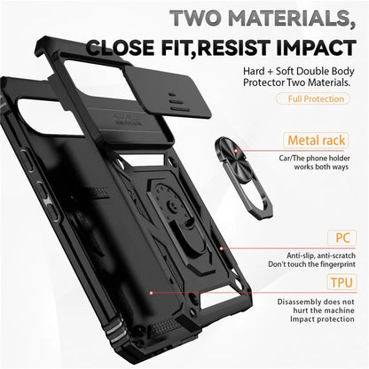 For Google Pixel 9 Pro XL Case Rugged PC+TPU Phone Protector with Slide Camera Cover / Kickstand