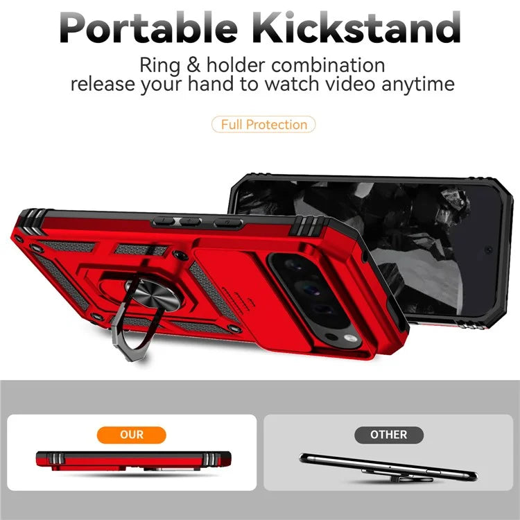 For Google Pixel 9 Pro XL Case Rugged PC+TPU Phone Protector with Slide Camera Cover / Kickstand