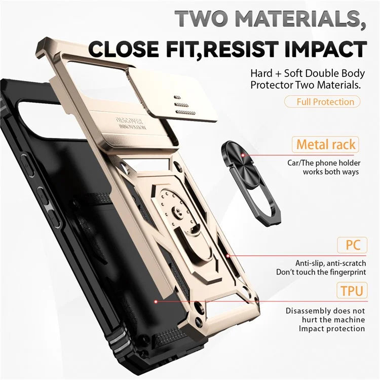 For Google Pixel 9 Pro XL Case Rugged PC+TPU Phone Protector with Slide Camera Cover / Kickstand
