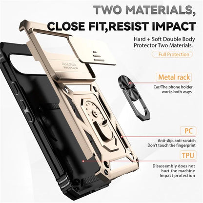 For Google Pixel 9 Pro XL Case Rugged PC+TPU Phone Protector with Slide Camera Cover / Kickstand
