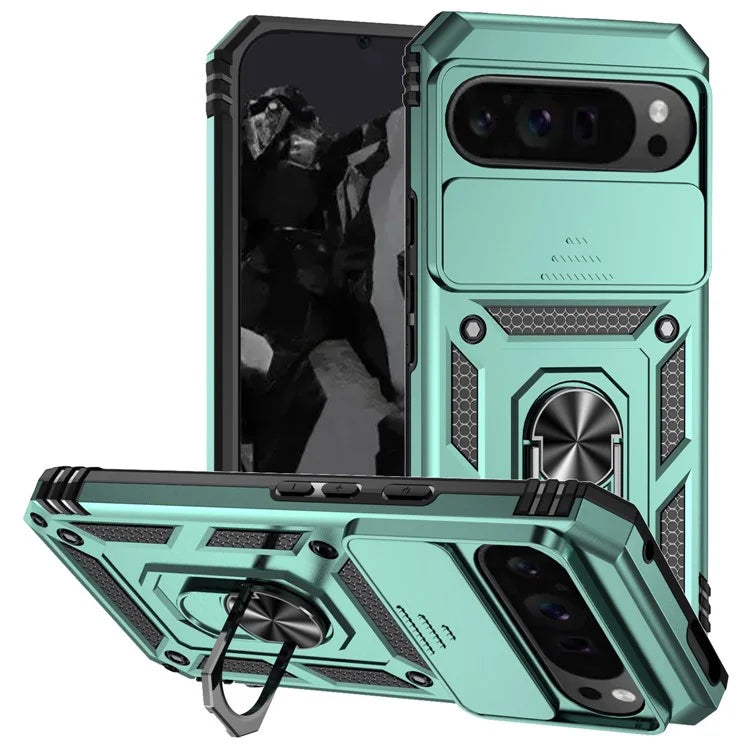 For Google Pixel 9 Pro XL Case Rugged PC+TPU Phone Protector with Slide Camera Cover / Kickstand