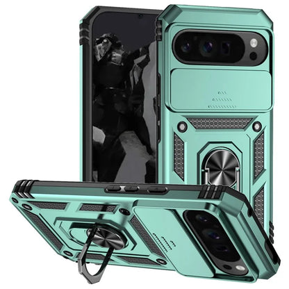 For Google Pixel 9 Pro XL Case Rugged PC+TPU Phone Protector with Slide Camera Cover / Kickstand