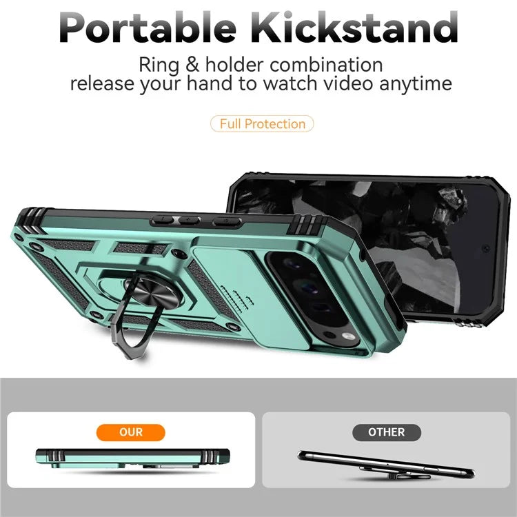 For Google Pixel 9 Pro XL Case Rugged PC+TPU Phone Protector with Slide Camera Cover / Kickstand