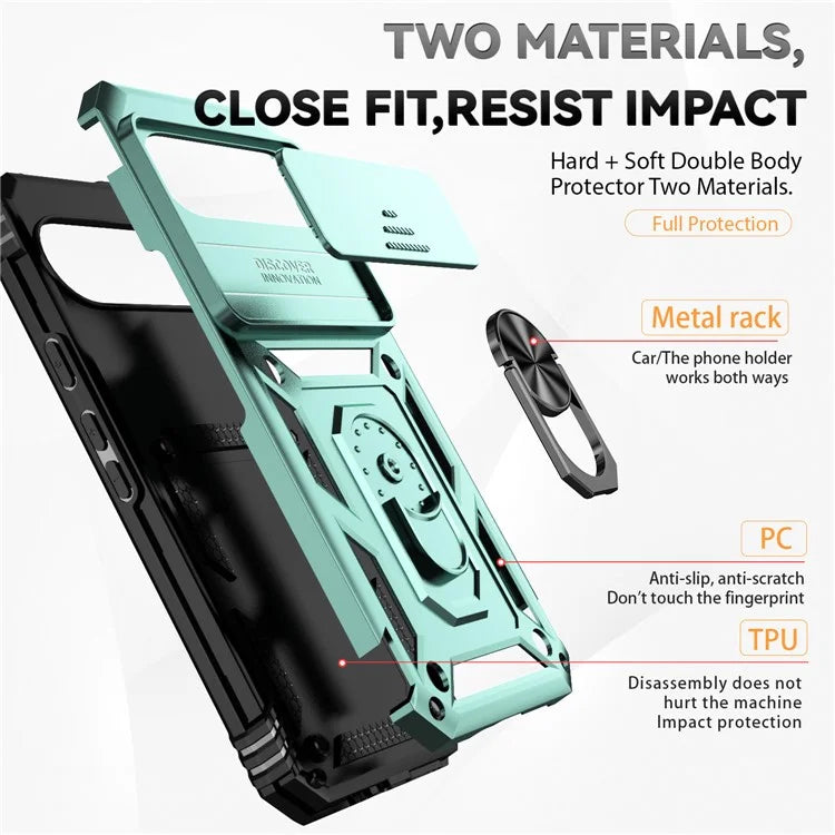 For Google Pixel 9 Pro XL Case Rugged PC+TPU Phone Protector with Slide Camera Cover / Kickstand