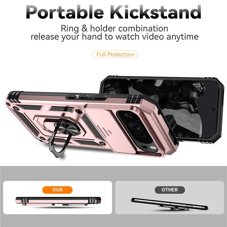 For Google Pixel 9 Pro XL Case Rugged PC+TPU Phone Protector with Slide Camera Cover / Kickstand