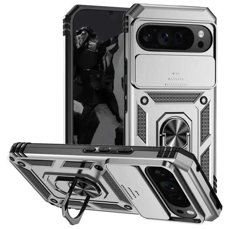 For Google Pixel 9 Pro XL Case Rugged PC+TPU Phone Protector with Slide Camera Cover / Kickstand