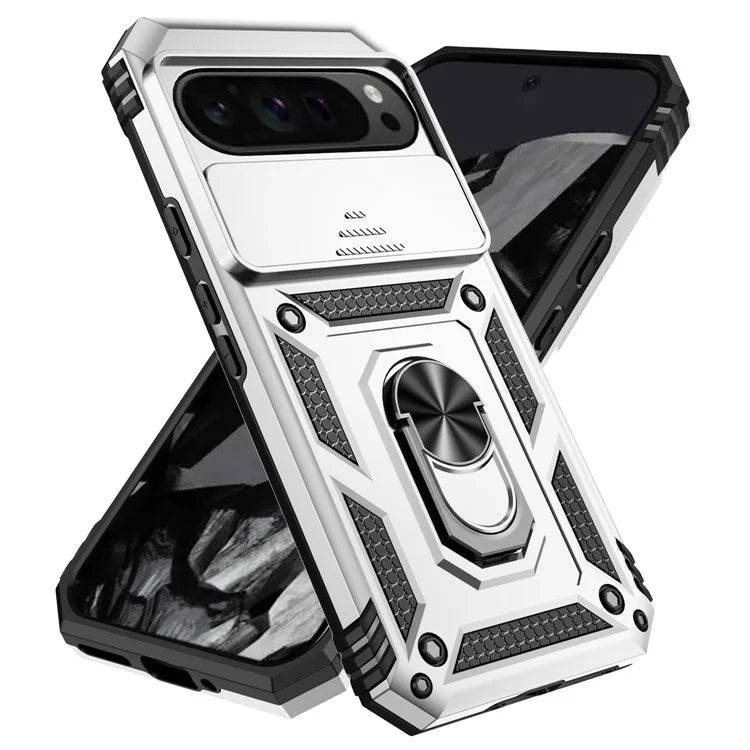 For Google Pixel 9 Pro XL Case Rugged PC+TPU Phone Protector with Slide Camera Cover / Kickstand
