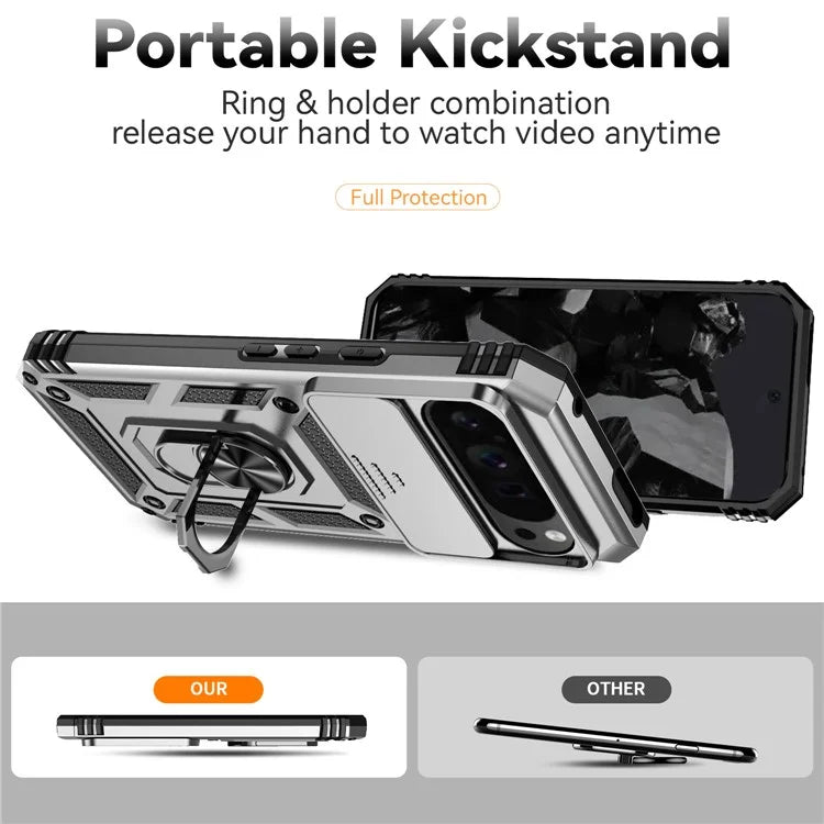 For Google Pixel 9 Pro XL Case Rugged PC+TPU Phone Protector with Slide Camera Cover / Kickstand