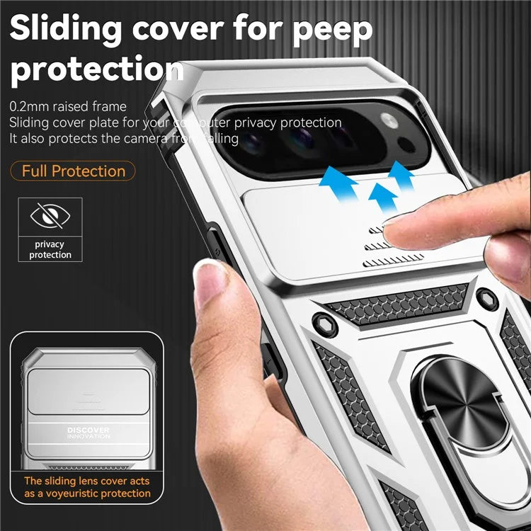 For Google Pixel 9 Pro XL Case Rugged PC+TPU Phone Protector with Slide Camera Cover / Kickstand