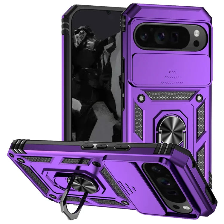 For Google Pixel 9 Pro XL Case Rugged PC+TPU Phone Protector with Slide Camera Cover / Kickstand