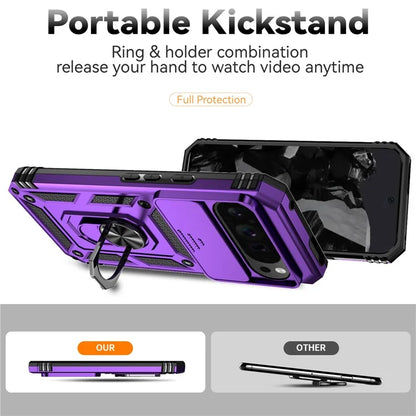 For Google Pixel 9 Pro XL Case Rugged PC+TPU Phone Protector with Slide Camera Cover / Kickstand