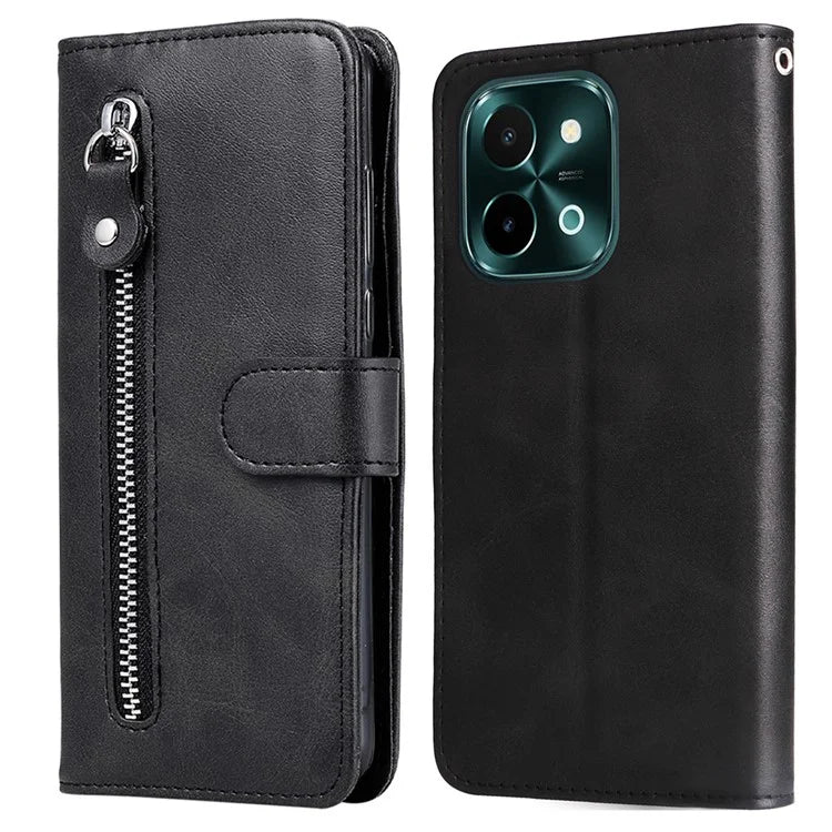 For vivo Y28 4G / iQOO Z9x 5G Case PU Leather Stand Phone Cover with Zipper Pocket