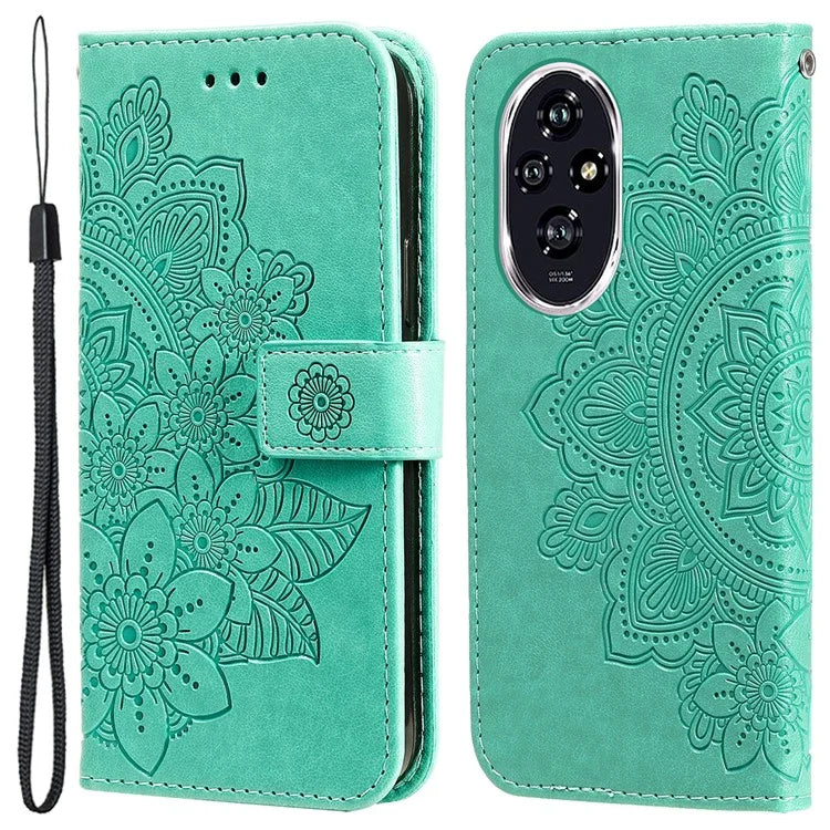 For Honor 200 5G Case PU Leather Flower Phone Cover with Hand Strap