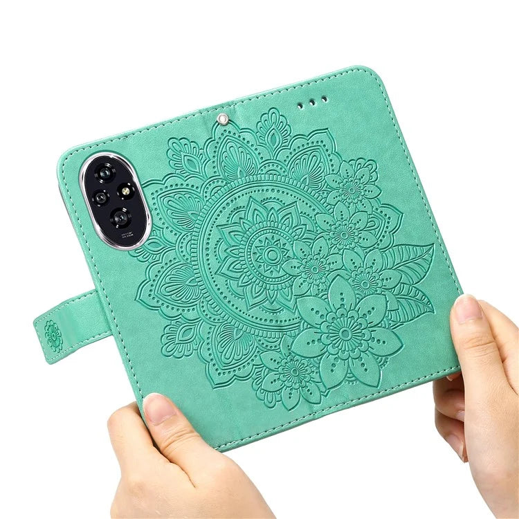 For Honor 200 5G Case PU Leather Flower Phone Cover with Hand Strap