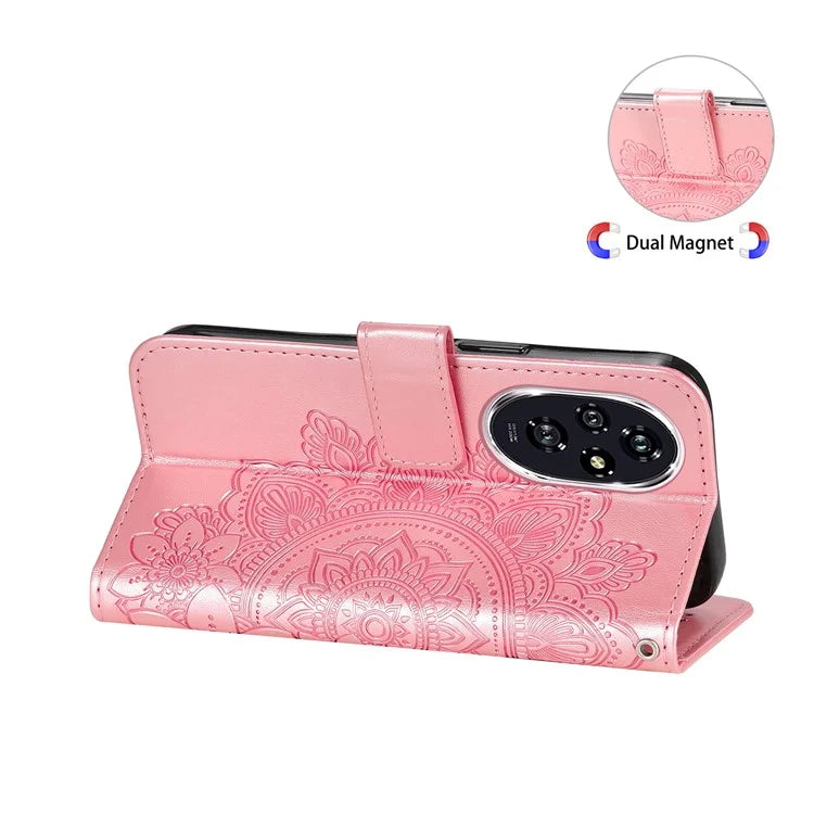 For Honor 200 5G Case PU Leather Flower Phone Cover with Hand Strap