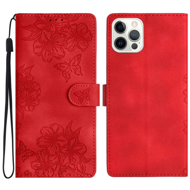 For iPhone 16 Pro Max Case Butterfly Flower PU Leather Flip Protective Phone Cover