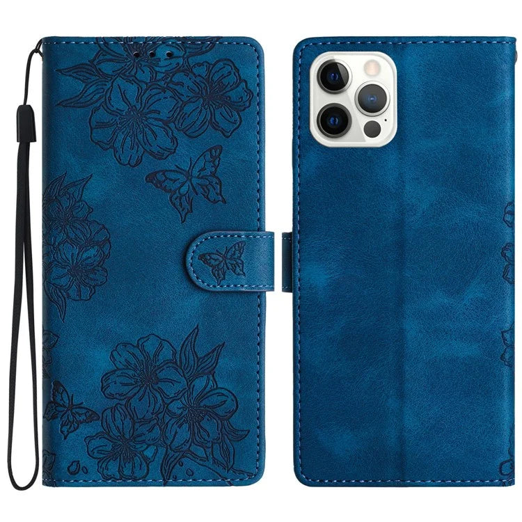 For iPhone 16 Pro Max Case Butterfly Flower PU Leather Flip Protective Phone Cover