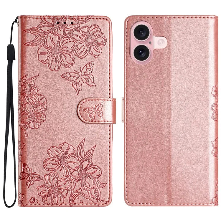For iPhone 16 Plus Wallet Case Butterfly Flower PU Leather Flip Protective Phone Cover