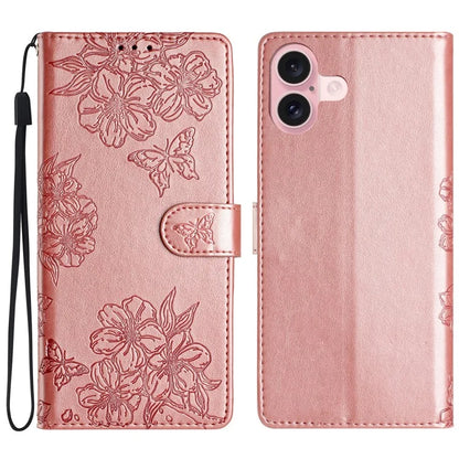 For iPhone 16 Plus Wallet Case Butterfly Flower PU Leather Flip Protective Phone Cover