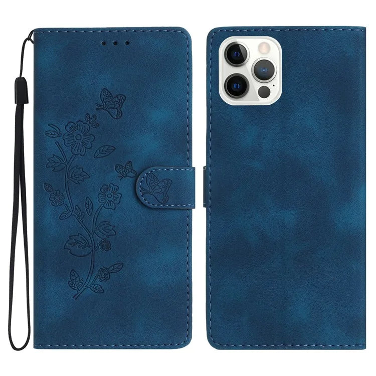 For iPhone 16 Pro Max Leather Wallet Case Imprinted Flower Flip Protective Phone Cover