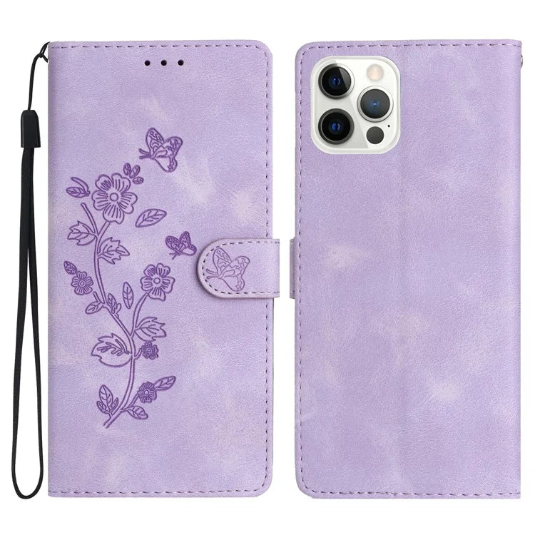 For iPhone 16 Pro Max Leather Wallet Case Imprinted Flower Flip Protective Phone Cover