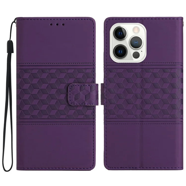 For iPhone 16 Pro Case with Card Holders Stand Flip Rhombus Pattern PU Leather Phone Cover