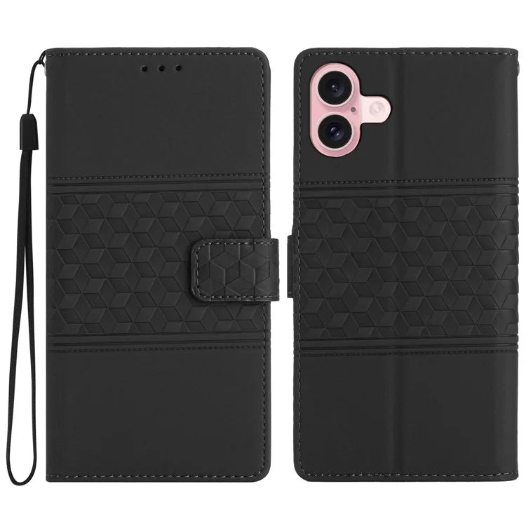 For iPhone 16 Plus Case Rhombus Leather Horizontal Flip Phone Cover
