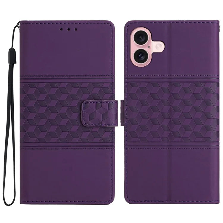 For iPhone 16 Plus Case Rhombus Leather Horizontal Flip Phone Cover