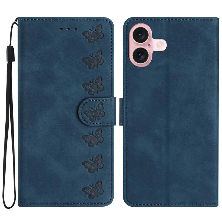 For iPhone 16 Plus Case Butterfly Imprinted PU Leather Stand Phone Cover