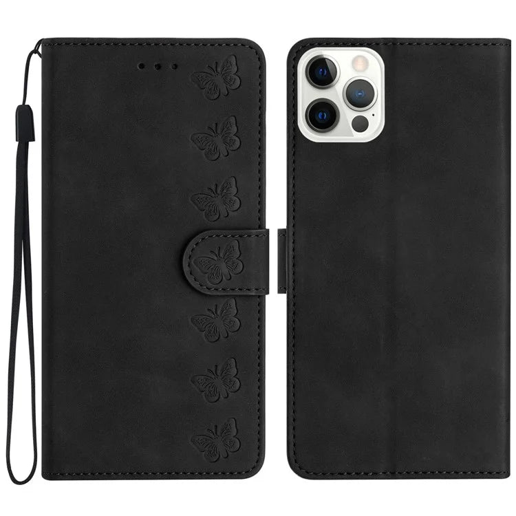 For iPhone 16 Pro Max Case Wrist Strap Card Holder Slots Butterfly Imprinted PU Leather Phone Cover