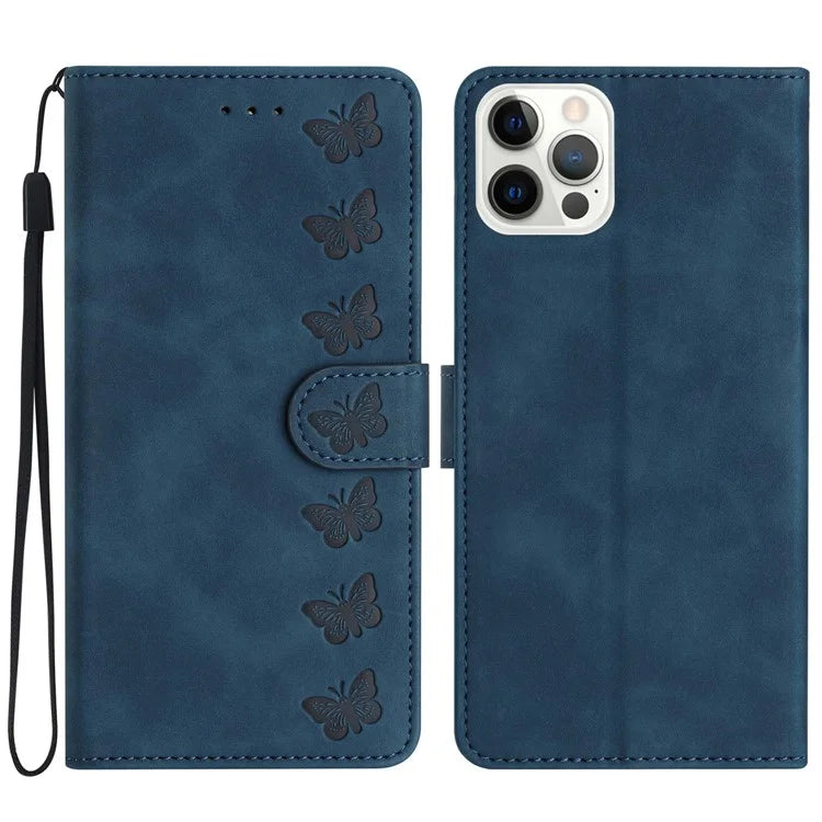 For iPhone 16 Pro Max Case Wrist Strap Card Holder Slots Butterfly Imprinted PU Leather Phone Cover