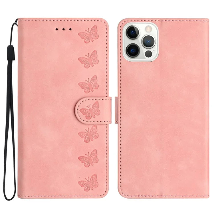 For iPhone 16 Pro Max Case Wrist Strap Card Holder Slots Butterfly Imprinted PU Leather Phone Cover